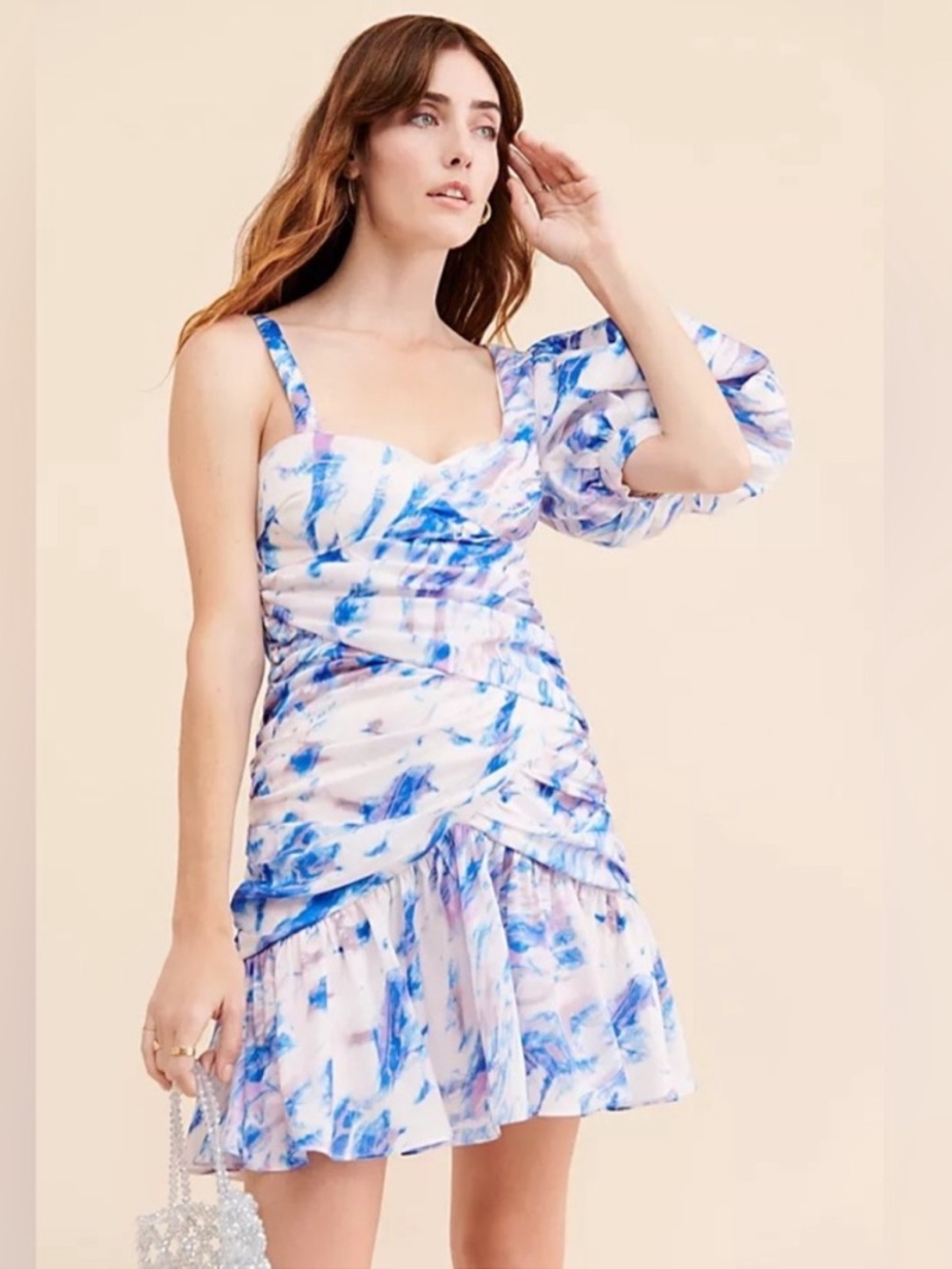 Atoir Dress Abstract Gallery Puff Sleeve Mini in White Blue Abstract